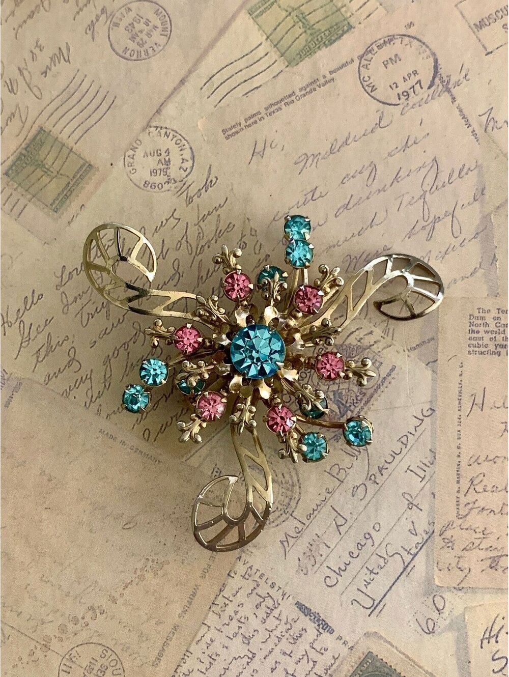 Vintage Aqua Blue Sparkling Floral Crystal Brooch Pin with Gold Tone Leaves